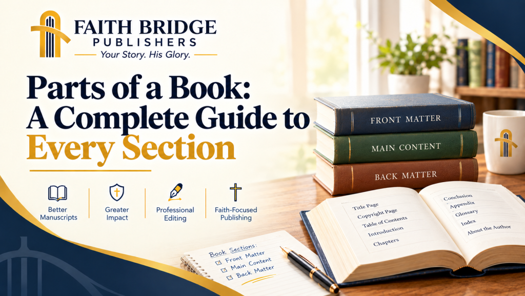 Parts of a book guide showing front matter, main content, and back matter sections
